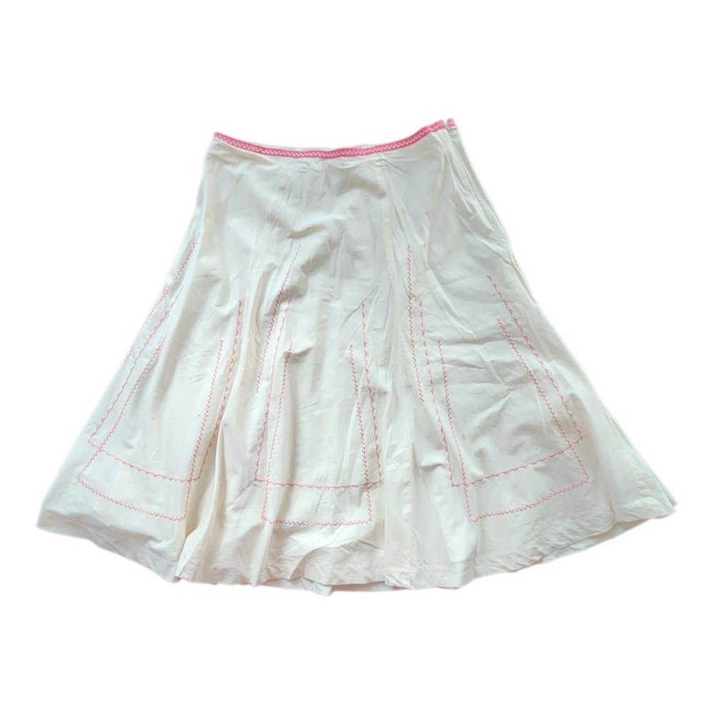 i.e. Midi Skirt Womens 12 White Pink Embroidered Cotton Excellent A-Line Boho - Picture 3 of 8